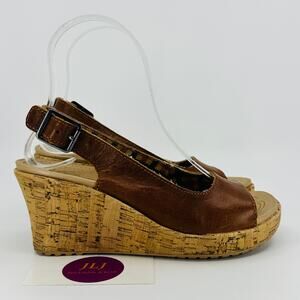 Crocs Women's A-Leigh Tan Leather Slingback Cork Wedge Sandals Size 5